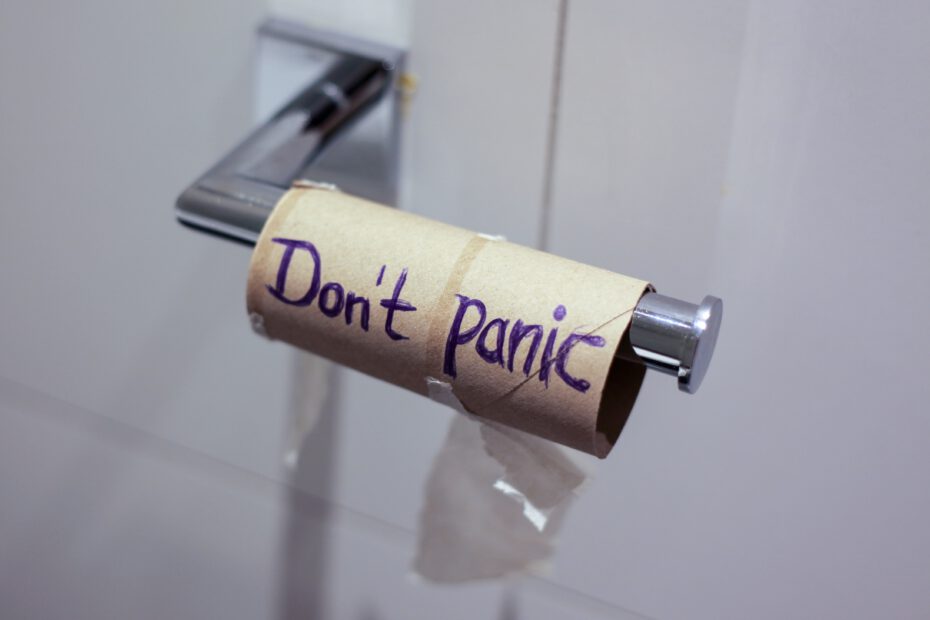 Papprolle an Klorollenhalter mit der Aufschrift "Don't panic"