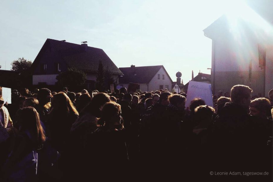 Bild: Gegenlichtaufnahme einer Menschenmenge bei einer Demonstration gegen rechts, tageswow.de war dabei Text: Wir sind mehr.
